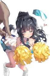Rule 34 | 1boy, 1girl, a (sofi3103), animal ears, bad id, bad pixiv id, bare legs, bare shoulders, black hair, blue archive, blush, breasts, cheerleader, crop top, dog ears, dog girl, dog tail, goggles, halo, hibiki (blue archive), hibiki (cheer squad) (blue archive), highres, long hair, looking at viewer, millennium cheerleader outfit (blue archive), mini person, minigirl, pleated skirt, pom pom (cheerleading), ponytail, shoes, simple background, skirt, sneakers, solo focus, tail, white background