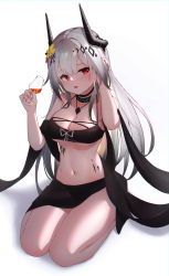 Rule 34 | 1girl, absurdres, arknights, arm up, bare shoulders, black hair, blush, breasts, cleavage, collar, collarbone, cup, drink, drinking glass, flower, full body, gradient hair, hair flower, hair ornament, hand in own hair, highres, holding, horns, infection monitor (arknights), jewelry, large breasts, long hair, material growth, mudrock (arknights), multicolored hair, navel, necklace, open mouth, oripathy lesion (arknights), red eyes, ru yan, sarong, seiza, silver hair, simple background, sitting, solo, stomach, very long hair, white background, yellow flower