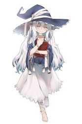 Rule 34 | 1girl, absurdres, bandages, barefoot, blue eyes, book, commentary request, girls&#039; frontline, hat, highres, holding, holding book, korean commentary, long hair, ribeyrolles (girls&#039; frontline), shey kr, smile, solo, white hair, witch, witch hat