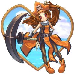 Rule 34 | 1girl, anchor, arc system works, bad id, bad pixiv id, bare shoulders, belt, beni no iruka, boots, brown hair, fingerless gloves, gloves, guilty gear, hat, heart, may (guilty gear), orange hat, orange shirt, pantyhose, pirate hat, red eyes, shirt, solo