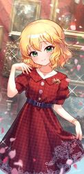 Rule 34 | 1girl, absurdres, black bow, blonde hair, blush, bow, brooch, checkered clothes, checkered dress, collarbone, commentary request, dot nose, dress, floral print, framed image, green eyes, hand up, highres, idolmaster, idolmaster cinderella girls, indoors, jewelry, looking at viewer, medium hair, necklace, petals, print dress, puffy short sleeves, puffy sleeves, red dress, sakurai momoka, short sleeves, sidelocks, skirt hold, smile, solo, sparkle, sunlight, wallpaper (object), wavy hair, yukinuno