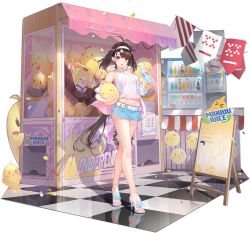 Rule 34 | 1girl, ahoge, atdan, azur lane, bare shoulders, brown hair, checkered floor, drink, earrings, hair intakes, hairband, high heels, highres, holding, holding drink, independence (azur lane), independence (the tailwind of opportunity) (azur lane), jewelry, long hair, looking at viewer, manjuu (azur lane), miniskirt, mole, mole on arm, mole on thigh, navel, official alternate costume, official art, open mouth, red eyes, skirt, standing, transparent background, very long hair