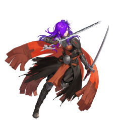 Rule 34 | 1girl, armor, breastplate, choker, dual wielding, fire emblem, fire emblem: three houses, fire emblem heroes, fire emblem warriors: three hopes, gloves, hair bun, hair over one eye, holding, holding weapon, long hair, looking at viewer, nintendo, official alternate costume, official art, purple eyes, purple hair, shez (female) (fire emblem), shez (fire emblem), shoulder armor, simple background, single hair bun, solo, sword, weapon