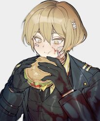 Rule 34 | 1boy, bandage on face, bandaged head, bandaged neck, bandages, black gloves, black necktie, black vest, blonde hair, blood, blood on clothes, blood on face, blue jacket, burger, chewing, closed mouth, colored eyelashes, commentary request, food, gloves, highres, holding, holding food, jacket, korean commentary, limbus company, long sleeves, male focus, mewwwert, necktie, open clothes, open jacket, project moon, shirt, short hair, simple background, sinclair (project moon), solo, vest, white background, yellow eyes, yellow shirt