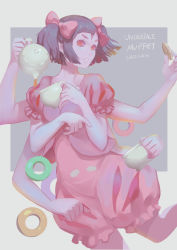 Rule 34 | 1girl, absurdres, arthropod girl, artist name, black hair, bow, character name, colored skin, copyright name, cup, dress, extra arms, extra eyes, food, hair bow, highres, holding, holding cup, monster girl, muffet, parted lips, pink bow, pink dress, pouring, purple skin, red eyes, sadsan, short hair, solo, standing, teacup, undertale