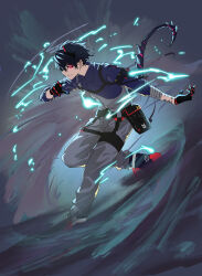 Rule 34 | 1boy, alchemy stars, aoto rei, arm tattoo, bandaged arm, bandages, belt, black footwear, black gloves, black hair, blue shirt, boots, closed mouth, collared shirt, ear bar, electricity, fleur (alchemy stars), gloves, glowing, glowing eyes, highres, horns, long sleeves, looking at viewer, male focus, overalls, pouch, red eyes, shirt, short hair, sideways mouth, solo, tail, tattoo