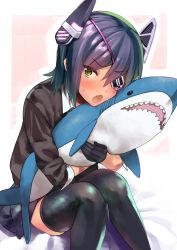 Rule 34 | 1girl, bed, bed sheet, black gloves, black skirt, black thighhighs, blush, collared shirt, fang, gloves, green eyes, headband, headgear, holding, holding stuffed toy, ikea shark, kantai collection, looking at viewer, on bed, open mouth, purple hair, shiden (sashimi no wife), shirt, short hair, simple background, sitting, skirt, solo, stuffed animal, stuffed shark, stuffed toy, tenryuu (kancolle), thighhighs, thighs