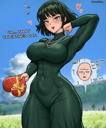 Rule 34 | 1boy, 1girl, ?, abs, bald, blue sky, blush, box, cheekie, cloud, covered erect nipples, fubuki (one-punch man), gift, green eyes, green hair, heart, heart-shaped box, highres, holding, holding gift, muscular, muscular female, nipples, one-punch man, saitama (one-punch man), signature, sky, sweat, tight clothes, valentine