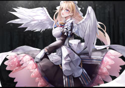 Rule 34 | 1girl, absurdres, angel wings, bell, blonde hair, blue eyes, blush, breasts, character request, clothes lift, dress, dress lift, gloves, highres, large breasts, long hair, looking up, lubikaya, maid, maid headdress, neck bell, open mouth, profile, solo, standing, warship girls r, white gloves, wings