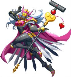 Rule 34 | 1girl, blade, cape, digimon, heart, long hair, mask, official art, queenchessmon, solo, staff, white hair