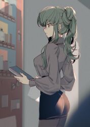 Rule 34 | 1girl, ass, black skirt, book, breasts, c.c., code geass, creayus, facing to the side, from side, green hair, grey shirt, high ponytail, holding, holding book, long hair, long sleeves, looking ahead, medium breasts, office lady, pencil skirt, profile, shirt, sidelocks, skirt, solo, wavy hair, yellow eyes