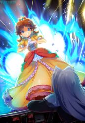 Rule 34 | 1boy, 1girl, background lightning, battle, blue eyes, breasts, brown hair, cliff, crown, dress, earrings, evil grin, evil smile, explosion, final fantasy, final fantasy vii, fleesveon, flower earrings, gloves, grin, image sample, jewelry, long hair, looking at another, looking down, mario (series), medium breasts, nintendo, orange dress, princess daisy, puffy short sleeves, puffy sleeves, sephiroth, short sleeves, smile, square enix, super mario land, super smash bros., tomboy, walking, white hair