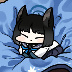 Rule 34 | 1girl, animal ear fluff, animal ears, black hair, black skirt, blue archive, blue neckerchief, cat ears, cat tail, closed eyes, closed mouth, jazz jack, kikyou (blue archive), long sleeves, lowres, multiple tails, neckerchief, pleated skirt, sailor collar, school uniform, serafuku, short hair, skirt, solo, tail, two tails