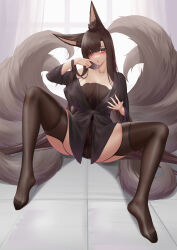Rule 34 | 1girl, absurdres, akagi (azur lane), animal ears, azur lane, bare shoulders, blush, breasts, brown hair, collar, covered erect nipples, dress, finger in own mouth, finger to mouth, fox ears, fox girl, fox tail, full body, garter straps, grabbing own breast, hair between eyes, hand up, highres, ichikushi mojibake, kitsune, large breasts, leash, legs, long hair, looking at viewer, m legs, multiple tails, no bra, no panties, off shoulder, pussy, red eyes, see-through, see-through dress, sitting, skindentation, slit pupils, solo, spread legs, tail, thighhighs, thighs, very long hair