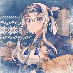 Rule 34 | 10s, 1girl, ainu clothes, anchor, bad id, bad twitter id, bandana, blue eyes, box, chain, crate, folded ponytail, headband, itomugi-kun, kamoi (kancolle), kantai collection, long hair, looking at viewer, machinery, rope, sidelocks, smile, smokestack, solo, thick eyebrows, upper body, white hair