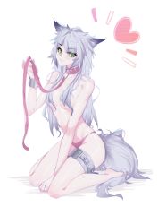 Rule 34 | 1girl, alternate eye color, animal ears, arknights, arm support, barefoot, bdsm, bondage, bound, breasts, chain, chinese commentary, collar, commentary request, cuffs, green eyes, hair censor, hand up, head tilt, heart, holding, lappland (arknights), leash, long hair, looking at viewer, newflame, panties, pet play, pink collar, pink panties, shackles, silver hair, simple background, sitting, slave, small breasts, smile, solo, tail, thighs, topless, underwear, wariza, white background, wolf ears, wolf tail