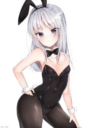 Rule 34 | 1girl, absurdres, animal ears, black bow, black bowtie, black leotard, black pantyhose, bow, bowtie, breasts, chunithm, commentary request, contrapposto, cowboy shot, detached collar, fake animal ears, grey eyes, hand on own hip, highres, kobotoke nagi, leotard, long hair, looking at viewer, nekosuzu an, pantyhose, playboy bunny, rabbit ears, rabbit girl, rabbit tail, silver hair, simple background, small breasts, solo, strapless, strapless leotard, tail, white background, wrist cuffs