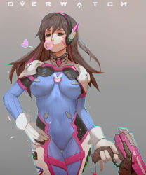 Rule 34 | 1girl, animal print, bodysuit, breasts, brown eyes, brown hair, blowing bubbles, chewing gum, clothes writing, copyright name, covered erect nipples, covered navel, cowboy shot, d.va (overwatch), facial mark, finger on trigger, gloves, gradient background, grey background, gun, hair between eyes, hand on own hip, headphones, highres, holding, holding gun, holding weapon, long hair, medium breasts, mizu (dl7613), overwatch, overwatch 1, pilot suit, pinky out, rabbit print, solo, thigh gap, weapon, whisker markings, white gloves