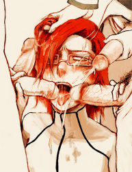 Rule 34 | 00s, 5boys, arrancar, artist request, bleach, cum, cum in mouth, double handjob, ejaculation, facial, glasses, grabbing another&#039;s hair, group sex, handjob, hollow (bleach), male focus, multiple boys, number tattoo, open mouth, penis, red hair, szayelaporro granz, tattoo, tongue, yaoi, yellow eyes