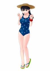 Rule 34 | 1girl, ahoge, black hair, blue one-piece swimsuit, breasts, brown eyes, full body, hair ribbon, hat, highres, kantai collection, large breasts, long hair, ojipon, one-piece swimsuit, open mouth, polka dot, polka dot swimsuit, ribbon, sandals, scrunchie, simple background, solo, swimsuit, ushio (kancolle), white background, wrist scrunchie