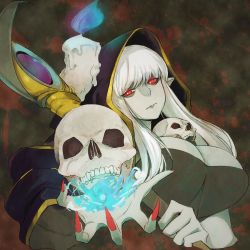 Rule 34 | 1girl, blue fire, breasts, candle, cleavage, dungeon maker, fingernails, fire, holding, holding skull, holding staff, hood, large breasts, long fingernails, long hair, looking at viewer, magic, masato (mirai koubou), nail polish, pale skin, pointy ears, rebecca (dungeon maker), red eyes, sharp fingernails, skull, solo, staff, wax, white hair