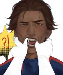 Rule 34 | !?, 1boy, blush, brown hair, dark-skinned male, dark skin, fangs, finger in another&#039;s mouth, hair slicked back, highres, looking at viewer, male focus, marvel, mature male, miguel o&#039;hara, mouth pull, open mouth, portrait, pov, pov hands, realistic, red eyes, saliva, screentones, shawkiio, short hair, simple background, solo focus, spider-man: across the spider-verse, spider-man (2099), spider-man (series), spider-verse, sweat, thick eyebrows, white background, wrinkled skin