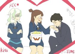 Rule 34 | 10s, 1boy, 2girls, andrew hanbridge, belt, black hair, blue eyes, blush, brown eyes, brown hair, closed mouth, diana cavendish, closed eyes, feet out of frame, green hair, imminent kiss, kagari atsuko, little witch academia, long hair, matching hair/eyes, multicolored hair, multiple girls, necktie, nose, popcorn, recording, simple background, sitting, sweatdrop, tagme, two-tone hair, white background, white hair