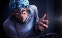 Rule 34 | 1boy, blue eyes, blue hair, curly hair, determined, ghiaccio, glasses, highres, jojo no kimyou na bouken, male focus, pants, red-framed eyewear, sano (hospital 0434), solo, striped clothes, striped pants, vento aureo, vertical-striped clothes, vertical-striped pants