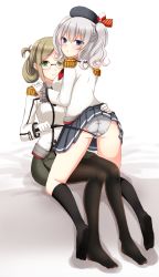 Rule 34 | 10s, 2girls, ass, black socks, blonde hair, blue eyes, breasts, clothes lift, collared shirt, epaulettes, folded ponytail, from behind, gloves, green eyes, hand on another&#039;s hip, highres, jacket, kantai collection, kashima (kancolle), katori (kancolle), kneehighs, looking at viewer, medium breasts, miniskirt, multiple girls, panties, pantyhose, pantyshot, parted bangs, pencil skirt, pouty lips, riding crop, shirt, silver hair, sitting, sitting on lap, sitting on person, skirt, skirt lift, smile, socks, sotogawa max, twintails, underwear, white gloves, white panties, yuri