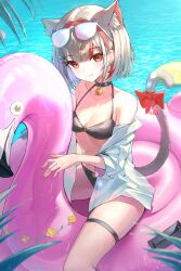 1girl absurdres animal_ear_fluff animal_ears bell bikini black_bikini bow breasts cat_ears cat_girl cat_tail cleavage closed_mouth extra_ears fang grey_hair highres multicolored_hair neck_bell neneko_mashiro red_bow red_eyes red_hair short_hair sitting smile solo stellive streaked_hair swim_ring swimsuit tail tail_bow tail_ornament virtual_youtuber wakum