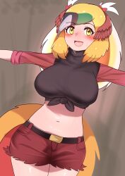 Rule 34 | 1girl, absurdres, belt, bird girl, bird tail, bird wings, black hair, black shirt, blonde hair, blush, bow, breasts, crop top, greater bird-of-paradise (kemono friends), green hair, head wings, highres, kemono friends, kemono friends 3, large breasts, long hair, looking at viewer, midriff, multicolored hair, navel, open mouth, red shirt, red skirt, sani, shirt, skirt, solo, sweat, tail, wings, yellow eyes