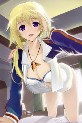 Rule 34 | 10s, 1girl, absurdres, barefoot, blonde hair, bra, breasts, charlotte dunois, cleavage, highres, infinite stratos, jacket, jewelry, large breasts, lingerie, long hair, long legs, looking at viewer, okingjo, open clothes, pendant, purple eyes, signature, solo, track jacket, underwear, uniform, window