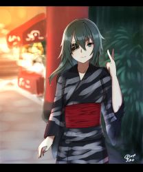 Rule 34 | &gt;:), 10s, 1girl, alternate costume, blurry, blush, closed mouth, cowboy shot, depth of field, eyepatch, green eyes, green hair, hair between eyes, hayabusa, highres, japanese clothes, kantai collection, kimono, kiso (kancolle), kiso kai ni (kancolle), long hair, long sleeves, looking at viewer, obi, one eye covered, sash, smile, solo, v-shaped eyebrows, wide sleeves
