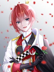 Rule 34 | 1boy, black eyes, crown, flower, highres, holding, holding flower, looking down, male focus, open mouth, r 3yan, red flower, red hair, red rose, riddle rosehearts, rose, solo, twisted wonderland