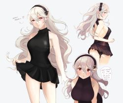 Rule 34 | 1girl, alternate costume, ass, back, backless dress, backless outfit, bare shoulders, black dress, black hairband, black panties, black skirt, blush, breasts, clothes lift, commentary, corrin (female) (fire emblem), corrin (fire emblem), dress, english text, fire emblem, fire emblem fates, hair between eyes, hairband, heart, highres, large breasts, lips, long hair, looking at viewer, looking back, nintendo, panties, parted lips, pink lips, pointy ears, red eyes, short dress, sideboob, silver hair, simple background, skirt, skirt hold, skirt lift, sleeveless, sleeveless dress, smile, sobasakuhin, solo, speech bubble, symbol-only commentary, teeth, thighs, twitter username, underwear, white background