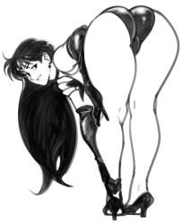 Rule 34 | 1girl, ass, bent over, bishoujo senshi sailor moon, boots, earrings, elbow gloves, from behind, gloves, greyscale, grin, high heels, hino rei, jewelry, long hair, looking back, monochrome, piercing, sailor mars, smile, solo, suggestive, watatanza