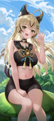 Rule 34 | 1girl, absurdres, adapted costume, ahoge, animal ears, bare arms, bare legs, bare shoulders, black choker, black sailor collar, black shirt, black shorts, blonde hair, breasts, cat ears, cat girl, cat tail, choker, commentary request, crop top, genshin impact, green eyes, hair ornament, hairclip, hand up, highres, kirara (genshin impact), long hair, looking at viewer, lunacle, medium breasts, midriff, multicolored hair, multiple tails, navel, nekomata, open mouth, outdoors, sailor collar, shirt, short shorts, shorts, sitting, sleeveless, sleeveless shirt, smile, solo, stomach, streaked hair, tail, two tails