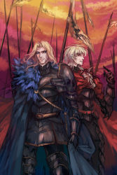 Rule 34 | 10s, 2boys, adapted costume, armor, blonde hair, blue eyes, cape, dual persona, fate/apocrypha, fate/extra, fate/grand order, fate (series), gauntlets, hideki, looking at viewer, male focus, multiple boys, red eyes, sideways glance, vlad iii (fate/apocrypha), vlad iii (fate/extra), white hair