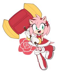 Rule 34 | 1girl, amy rose, animal ears, artist name, bare shoulders, boots, bracelet, breasts, commentary, dress, english commentary, eyelashes, flower, flying, furry, furry female, gloves, gold bracelet, green eyes, hairband, hammer, hedgehog ears, hedgehog girl, hedgehog tail, highres, holding, holding hammer, holding weapon, jewelry, kiioki11, looking to the side, medium breasts, open mouth, toy hammer, pink flower, pink fur, red dress, red footwear, red hairband, simple background, sleeveless, sleeveless dress, smile, solo, sonic (series), tail, teeth, tongue, weapon, white background, white gloves