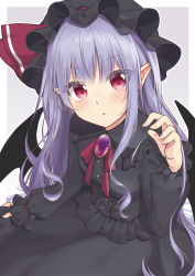 Rule 34 | 1girl, :o, alternate color, bat wings, beni kurage, black dress, blush, breasts, brooch, dress, from above, grey background, hat, highres, jewelry, long hair, looking at viewer, mob cap, parted lips, pointy ears, purple eyes, purple hair, remilia scarlet, simple background, small breasts, solo, touhou, very long hair, wings