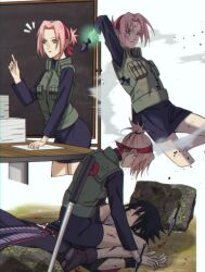 1boy 1girl akatsuki_uniform black_hair black_shirt black_skirt chalkboard chokutou closed_mouth green_eyes haruno_sakura highres konohagakure_shinobi_uniform konohagakure_symbol kunai long_sleeves lying multiple_views naruto_(series) naruto_shippuuden niku_(ni23ku) ninja on_back paper pink_hair planted planted_sword planted_weapon red_eyes sharingan shirt short_hair short_ponytail skirt spiked_hair sword table uchiha_sasuke weapon white_background