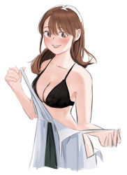 Rule 34 | 1girl, agent aika, aika (series), alternate costume, azelweien, bare shoulders, black bra, black delmo, blush, bra, breasts, brown eyes, brown hair, collarbone, commentary, cropped legs, dress, english commentary, highres, long hair, looking at viewer, medium breasts, naomi (agent aika), revision, simple background, smile, solo, traditional media, underwear, undressing, upper body, white background, white dress