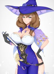 Rule 34 | 1girl, absurdres, akayuki471, black gloves, book, breasts, brown hair, cleavage, dress, flower, genshin impact, gloves, golden rose, hat, hat belt, highres, holding, holding book, large breasts, lisa (genshin impact), long hair, looking at viewer, low-tied long hair, multicolored clothes, purple dress, purple flower, purple rose, rose, smile, solo, vision (genshin impact), witch, witch hat