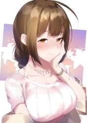 Rule 34 | 1girl, absurdres, ahoge, bracelet, breasts, brown hair, cleavage, closed mouth, collarbone, commentary request, cotton kanzaki, dress, hand on own cheek, hand on own face, highres, idolmaster, idolmaster shiny colors, jewelry, kuwayama chiyuki, large breasts, necklace, pearl necklace, ribbed dress, short sleeves, smile, solo, upper body, white dress