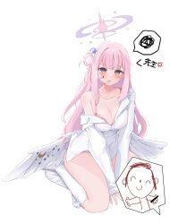Rule 34 | 1girl, absurdres, angel wings, doodle sensei (blue archive), blue archive, breasts, daran9, highres, lab coat, large breasts, mika (blue archive), pink hair, sensei (blue archive), simple background, socks, thighs, white background, white socks, white wings, wings, yellow eyes