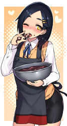 Rule 34 | 1girl, apron, bike shorts, black apron, black hair, black legwear, black shorts, blue ribbon, blush, bowl, chocolate, collared shirt, commentary request, cowboy shot, finger to mouth, food, food on face, hair ornament, hairclip, heart, holding, holding bowl, kantai collection, kuroshio (kancolle), licking, licking finger, long sleeves, looking at viewer, mixing bowl, neck ribbon, one eye closed, open mouth, orange eyes, parted bangs, ribbon, shirt, shorts, solo, sweater vest, taketora suzume, thick eyebrows, white shirt