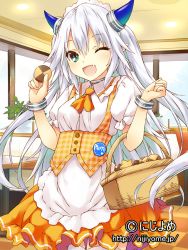 Rule 34 | 1girl, blouse, bracelet, checkered floor, cookie, cowboy shot, eyebrows, fang, food, green eyes, holding, horns, indoors, jewelry, long hair, looking at viewer, maid, maid headdress, one eye closed, open mouth, original, pointy ears, saeki touma, shirt, silver hair, solo, thighhighs, two side up, valhalla valkyries, very long hair, watermark, web address, white shirt