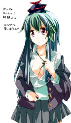 Rule 34 | 1girl, alternate costume, aoi kujira, bad id, bad pixiv id, breasts, cleavage, contemporary, female focus, green hair, hat, kamishirasawa keine, no bra, red eyes, solo, touhou, undressing