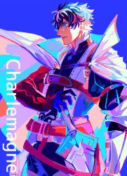 Rule 34 | 1boy, absurdres, armor, text background, black gloves, black hair, black pants, blue background, blue cloak, blue eyes, character name, charlemagne (fate), cloak, epaya hakase, fate/extella, fate/extella link, fate/extra, fate/grand order, fate (series), feet out of frame, gloves, high collar, highres, long sleeves, looking away, male focus, multicolored hair, pants, short hair, simple background, solo, sword, two-tone hair, weapon, white cloak, white hair
