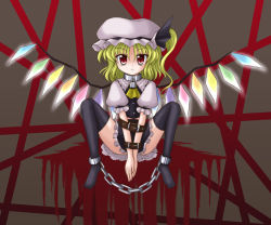 Rule 34 | 1girl, bdsm, belt, black thighhighs, blouse, bococho, bondage, bound, chain, collar, female focus, flandre scarlet, hat, mob cap, shirt, solo, thighhighs, touhou, white hat, white shirt, wings
